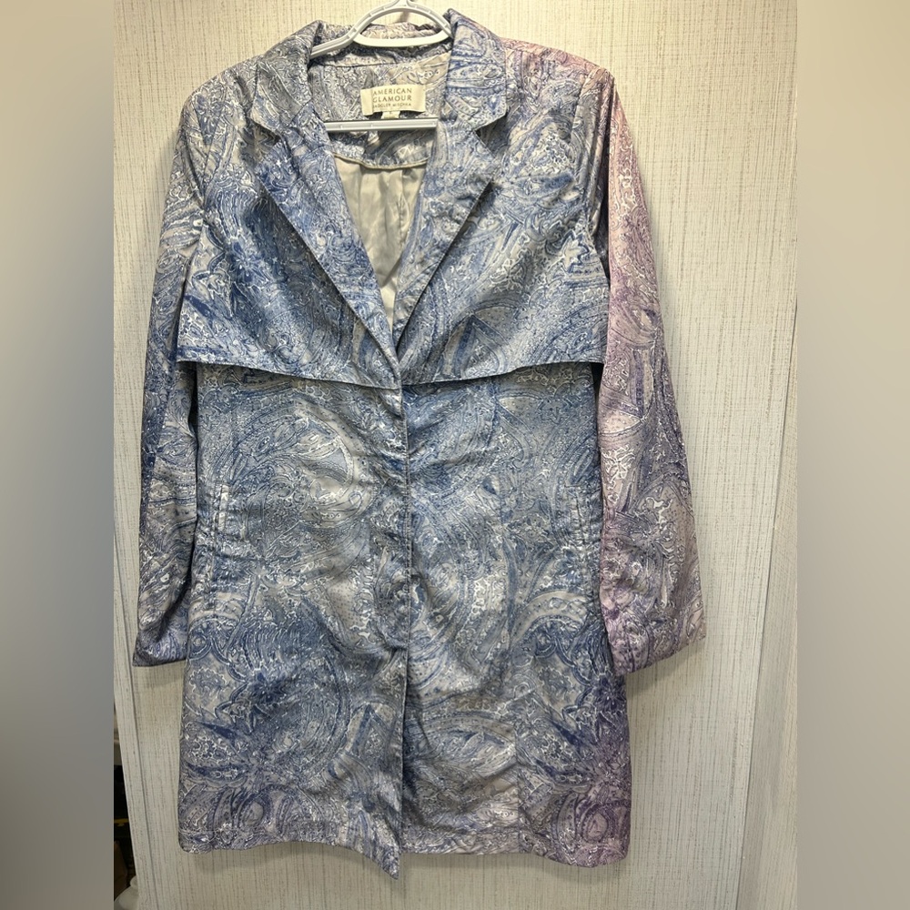 American Glamour Badgley Mischka Sunbleached Blue Paisley Print Trench Coat